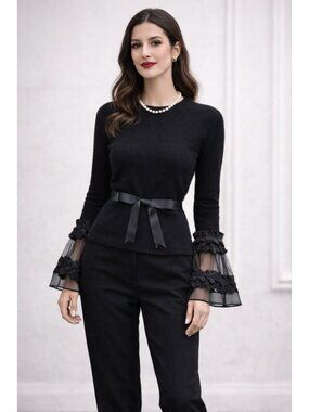 Mira New York Cashmere Wool Black Top Size 2 Sheer Ruffle Sleeve Bow Belt